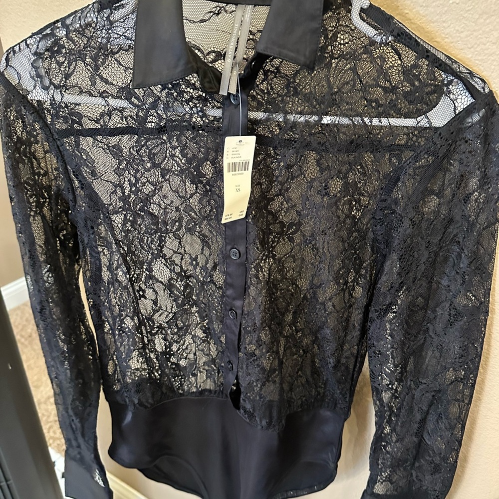 Black Lace Button-Up Blouse
